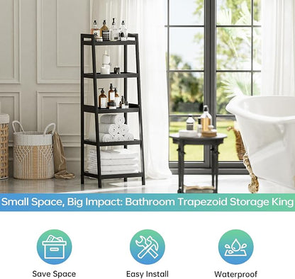 SMIBUY Bamboo Ladder Bookcase, Bathroom Storage Rack Organizer, 4 Tier and 5 - Image 6