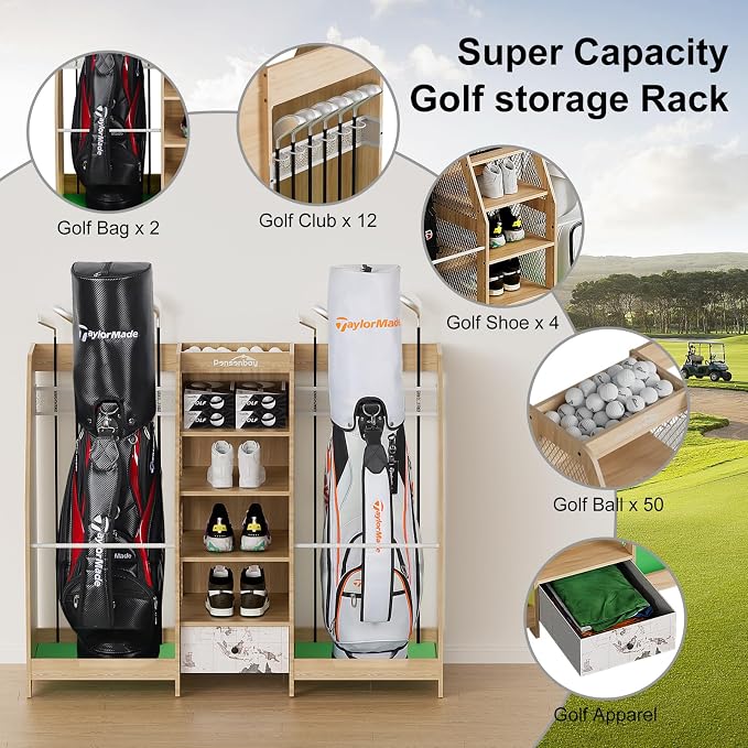 Golf Bag Storage Organizer for Garage, Premium Wooden 2 Golf Bags Rack - Image 2