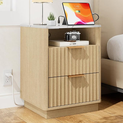 Fluted Night Stand with Charging Station, 2 Drawers End Table with Storage by FavourLife