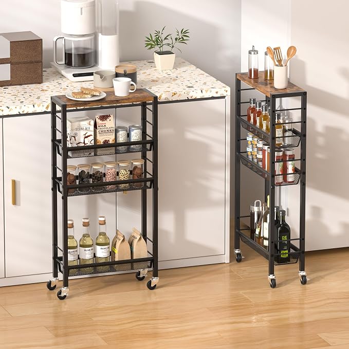 Slim Rolling Cart, 4-Tier Narrow Kitchen Storage Cart, Slim Utility Cart on - Image 2