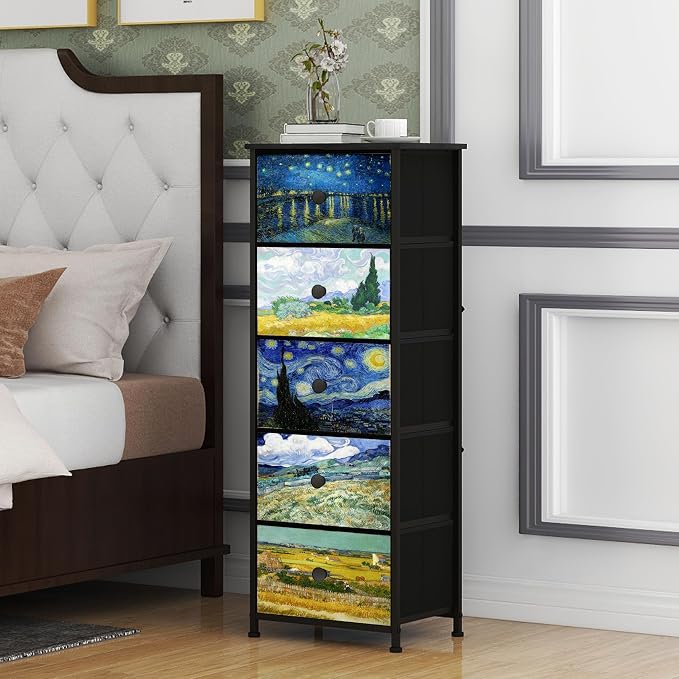Dresser with 5 Drawers Narrow Tall Nightstand Van Gogh Dresser - Image 2