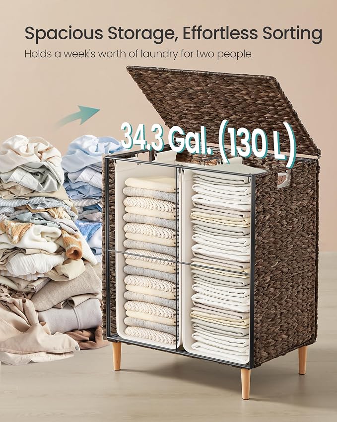 SONGMICS Laundry Hamper 2 Sections, 34.3 Gal. Handwoven Water Hyacinth Wicker - Image 3