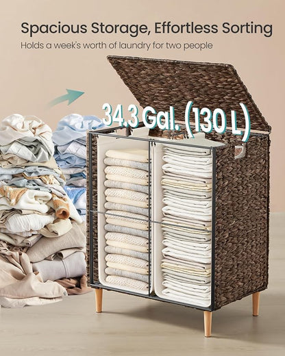 SONGMICS Laundry Hamper 2 Sections, 34.3 Gal. Handwoven Water Hyacinth Wicker - Image 3