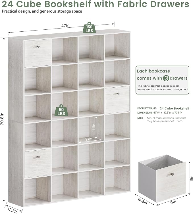 Large 24 Cube Storage Bookshelf 2-Pack, Washed White Wood Finish Bookcase - Image 2