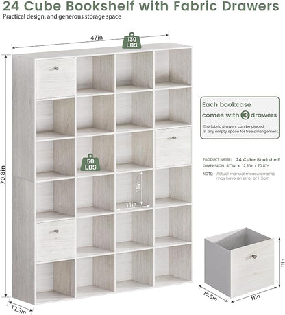 Large 24 Cube Storage Bookshelf 2-Pack, Washed White Wood Finish Bookcase - Image 2
