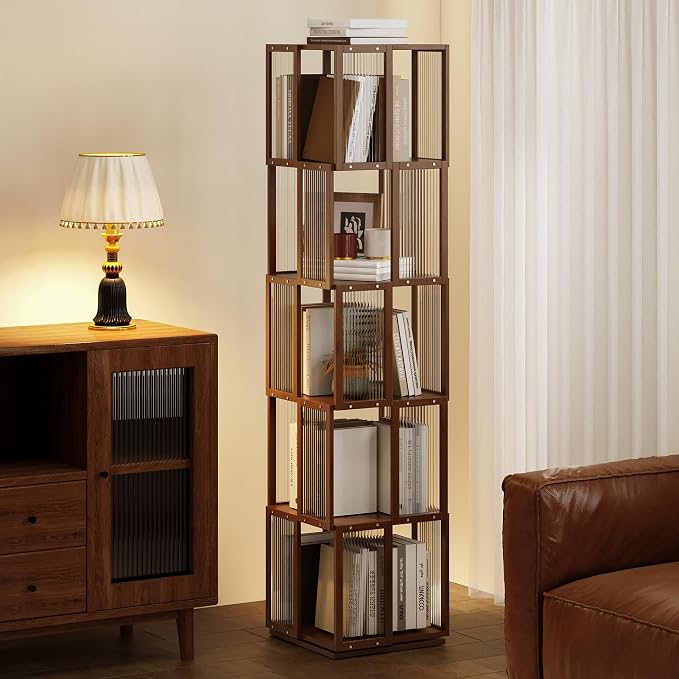 BAMEOS Solid Wood Rotating Bookshelf Tower 5 Tier，360°Storage Spinning Bookcase - Image 7