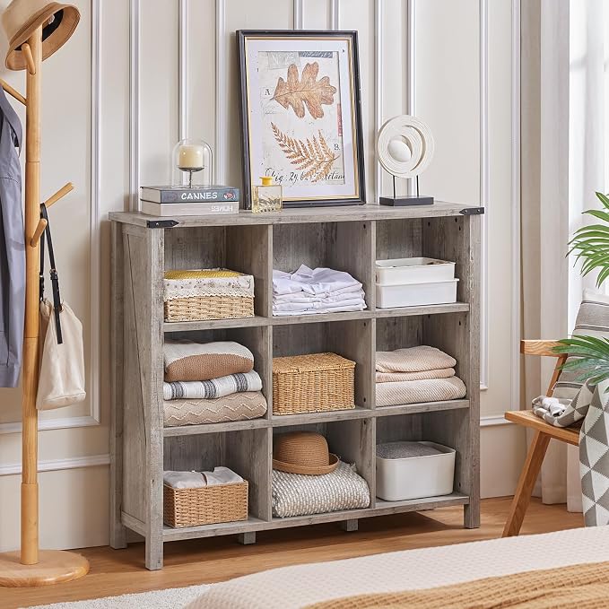 9 Cube Bookcase, Farmhouse 47 Inch Wide Grey Oak Bookshelf, Wooden 3 Tier - Image 7