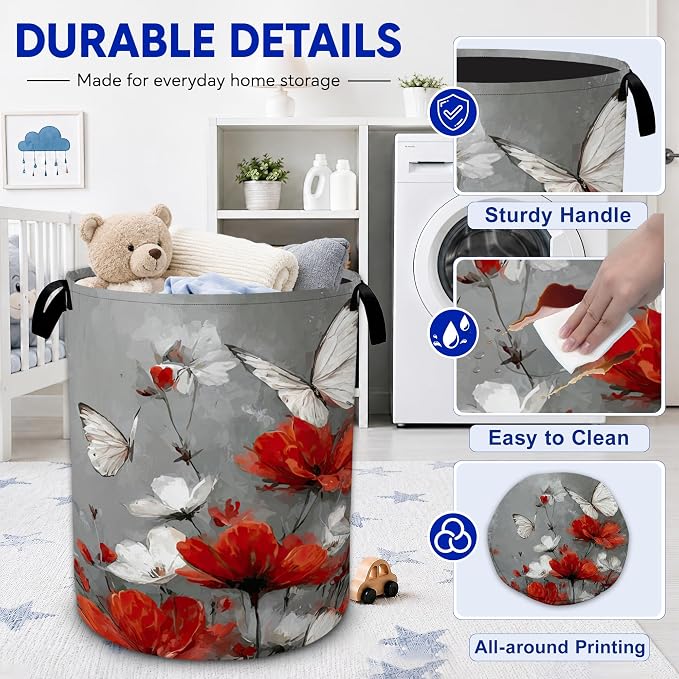Red Flower Butterfly Laundry Basket, Foldable Oxford Cloth Funny Tote Bag - Image 3