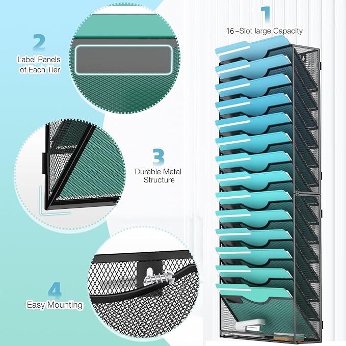 15-Tier Wall File Organizer Hanging Wall File Holder Wall Mount Paper Folder - Image 3