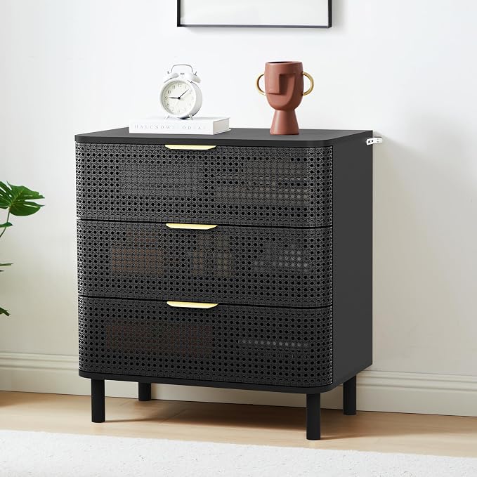 ORRD 3 Drawer Dresser Set of 2, Modern Iron Rattan Cabinet Dresser - Image 3