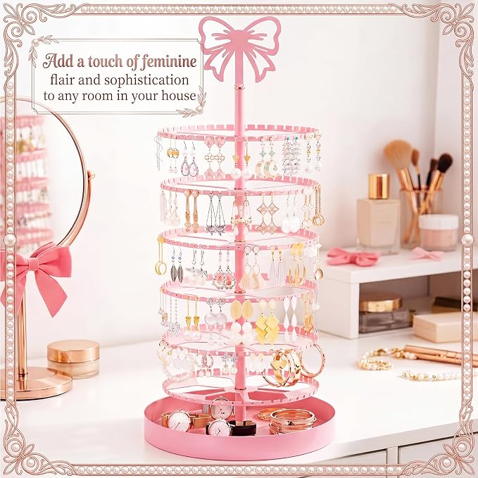 Hicarer 6 Tier Pink Bow Rotating Earring Holder Organizer Stand, 330 Holes - Image 4