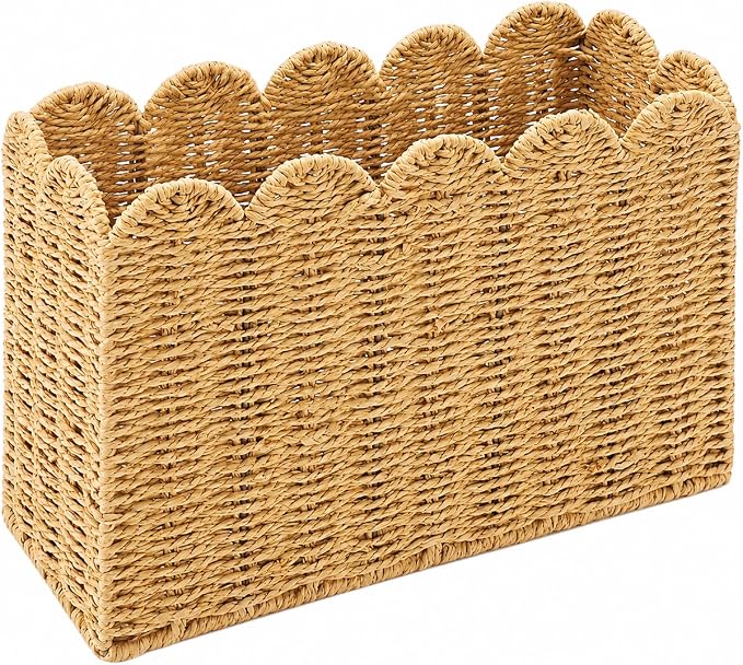 Paper Rope Magazine Holder, Tall Narrow Scalloped Basket | Handwoven Paper Rope by Rattanzenith