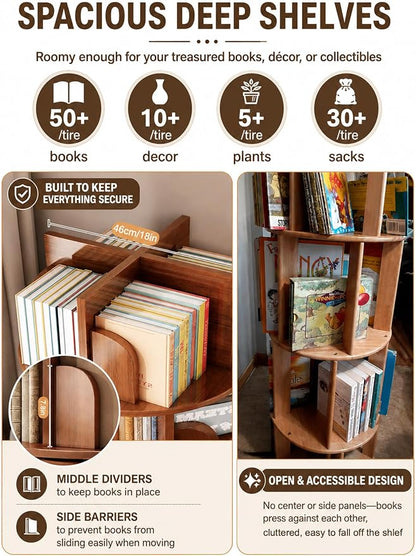 6 Tier Rotating Bookshelf with Cabinet On Wheel, 360° Display Spinning Corner - Image 7