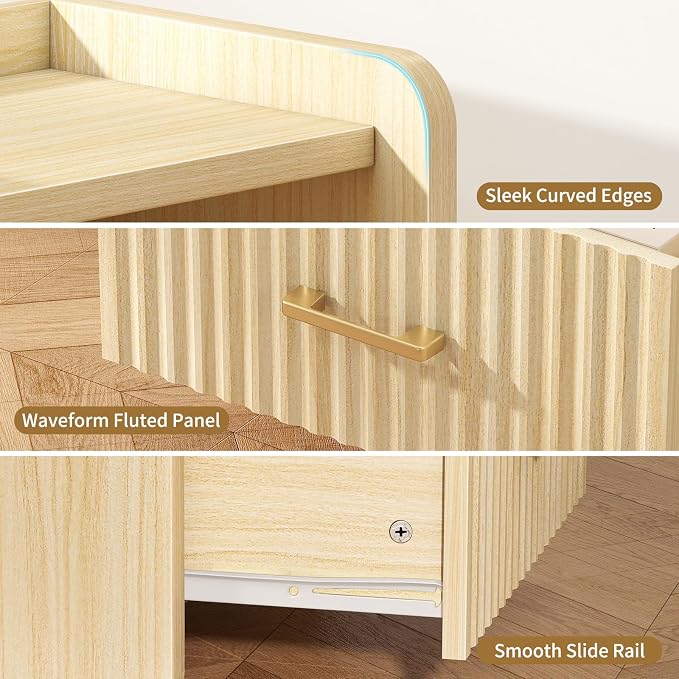 Night Stand with Charger Station, Fluted Wood Nightstand with Drawer Storage - Image 6