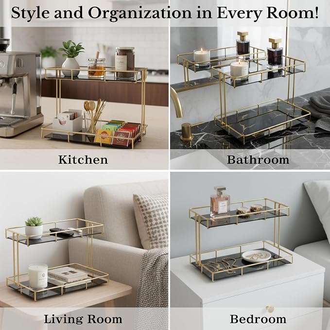 2-Tier Black Marble Bathroom Countertop Organizer – Glass Shelves & Gold Metal - Image 4
