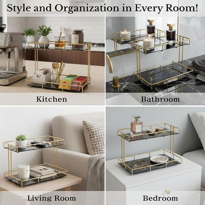 2-Tier Black Marble Bathroom Countertop Organizer – Glass Shelves & Gold Metal - Image 4