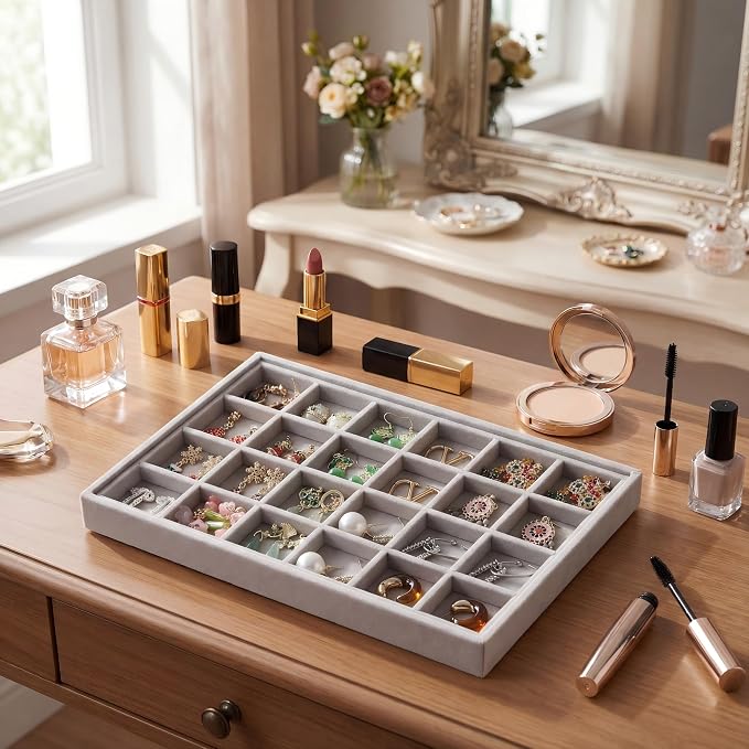 Frebeauty 24 Grid Earring Organizer, Velvet Jewelry Tray - Image 2