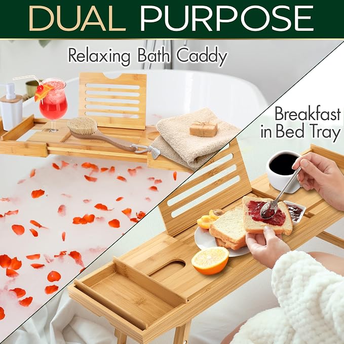 SereneLife Bath Caddy Breakfast Tray Combo, Natural Bamboo Wood Waterproof - Image 3
