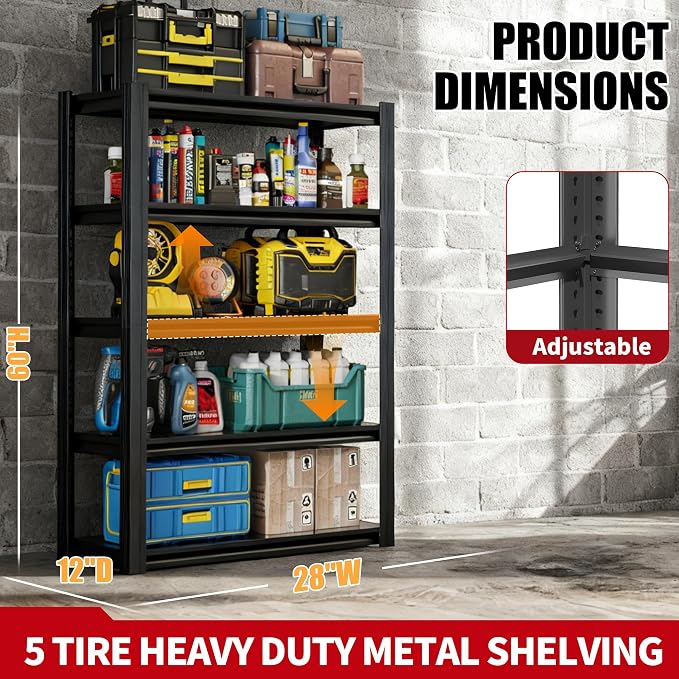 Heavy Duty Garage Shelving, Metal Storage Shelves, Adjustable 5 Tier Metal - Image 2