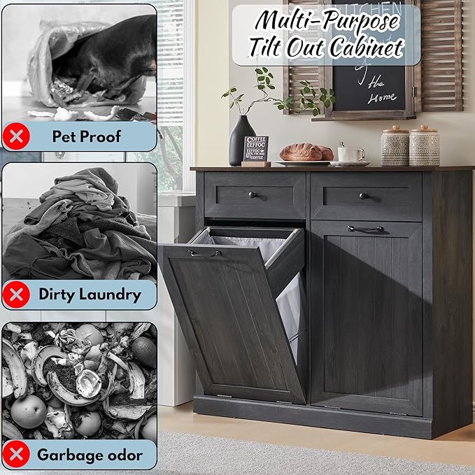 Double Tilt Out Laundry Hamper Cabinet, 20 Gallon Farmhouse Trash Can Cabinet - Image 4