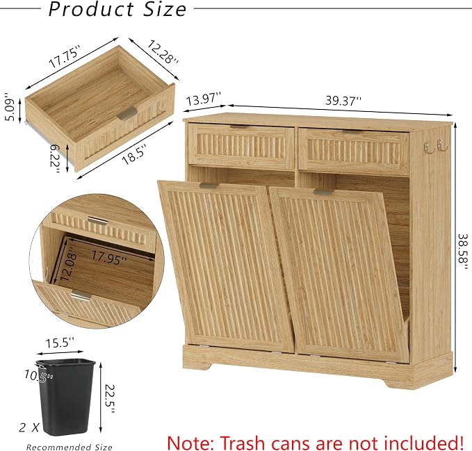 2 x 13 Gallons Double Tilt Out Trash Can Cabinet, Wooden Fluted Trash Garbage - Image 2