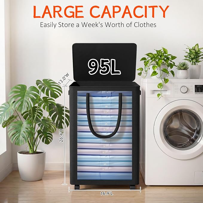 Slim Laundry Hamper with Wheels, 25 Gal Rolling Laundry Basket with lid and - Image 2