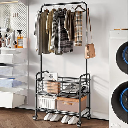 SUOERNUO Laundry Cart with Hanging Rack Rolling Laundry Hamper Sorter with - Image 3