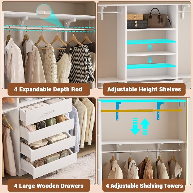 Aheaplus Closet System with 4 Drawers, 8FT Wood Closet Organizer System - Image 3