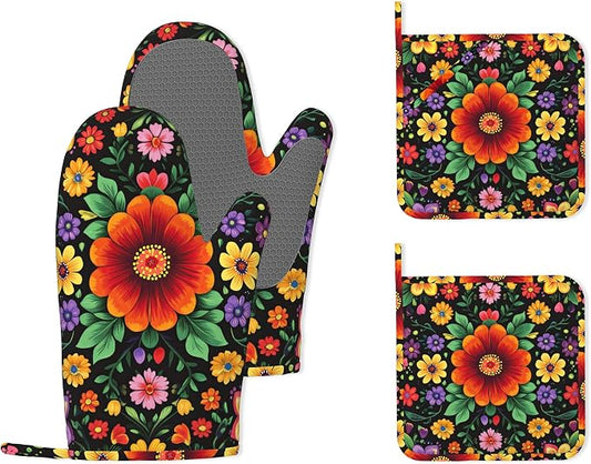 Vintage Colorful Floral Mexican Oven Mitts and Pot Holders, Heat Resistant by Unknown