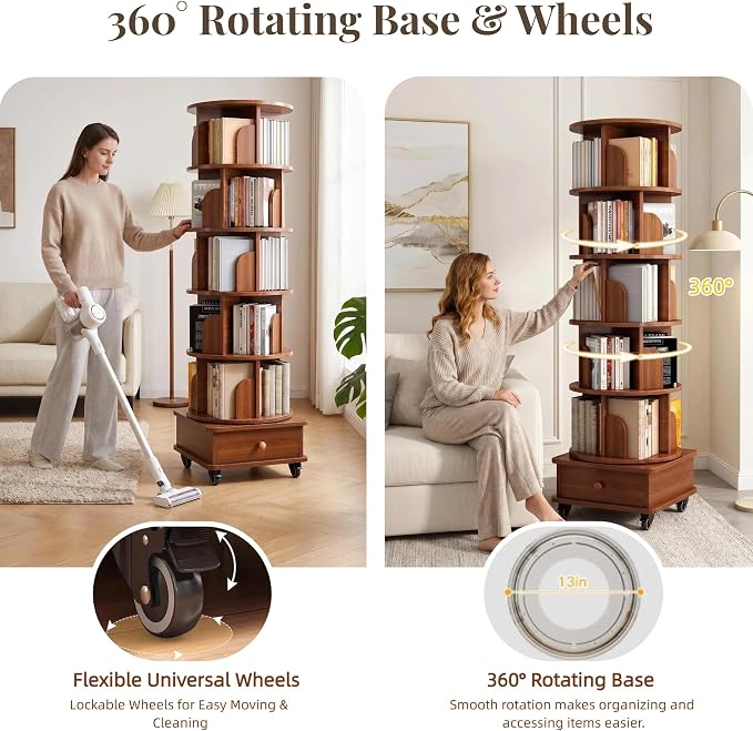 6-Tier Rotating Bookshelf with Storage Cabinet, Walnut Brown | Wood Construction - Image 3