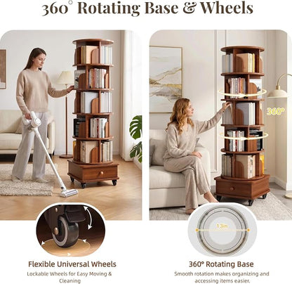 6-Tier Rotating Bookshelf with Storage Cabinet, Walnut Brown | Wood Construction - Image 3