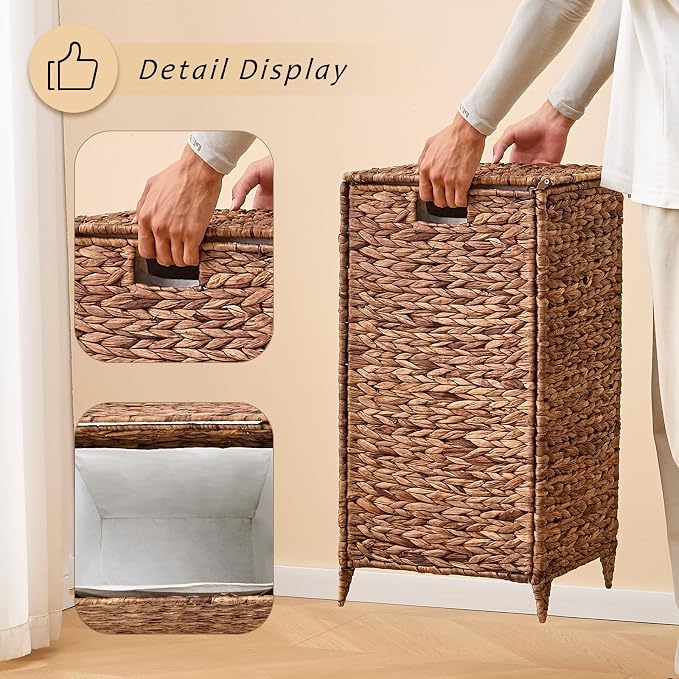Handwoven Laundry Hamper with Lid, Natural Water Hyacinth Heightened Feet - Image 5
