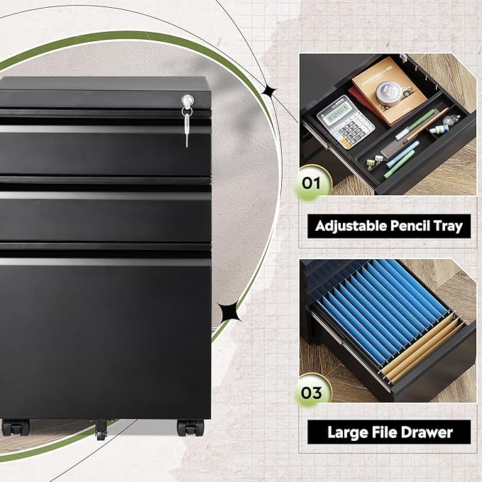 DEVAISE 3 Drawer Mobile File Cabinet Under Desk Office, Fully Assembled Except - Image 4
