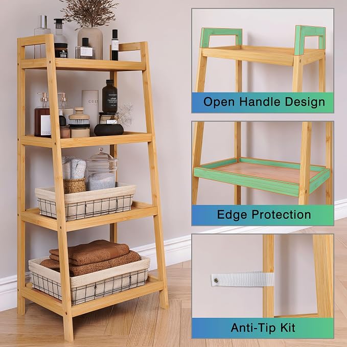 SMIBUY Bamboo Ladder Bookcase, Bathroom Storage Rack Organizer, 4 Tier and 5 - Image 7