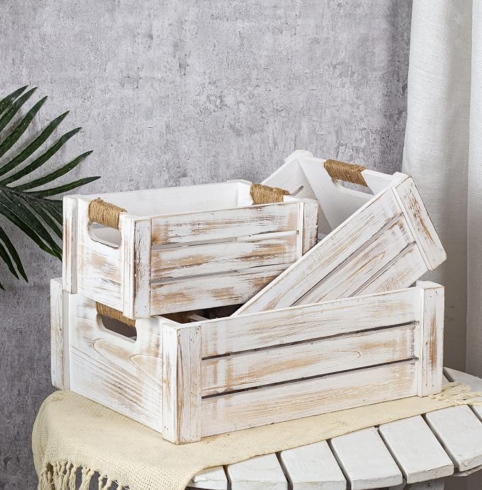 TIMRIS Set of 3 Rustic Wood Nesting Crates, Farmhouse Wooden Storage Container - Image 2