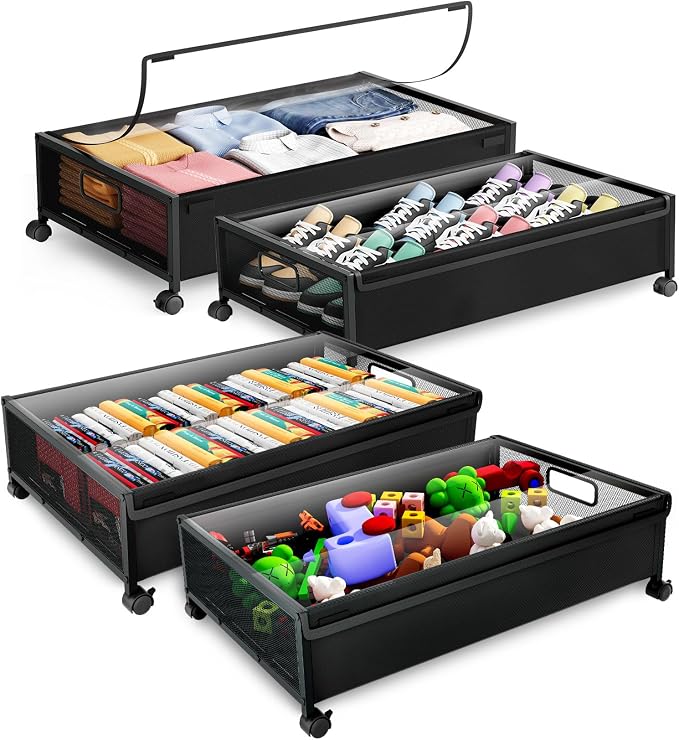 Under Bed Storage with Wheels，4 Pack Under Bed Storage Containers, Underbed by LeArex
