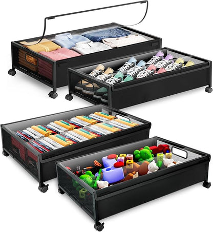 Under Bed Storage with Wheels，4 Pack Under Bed Storage Containers, Underbed by LeArex