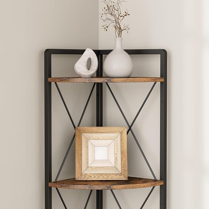 5 Tier Corner Shelf Stand, Rustic Brown | Industrial Metal Corner Shelf - Image 9
