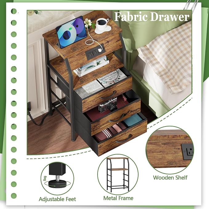 Furnulem Night Stand with Charging Station, 3 Fabric Drawers Bedside Table | - Image 7
