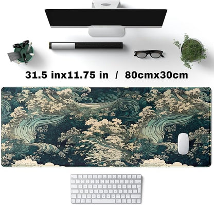 Japanese Large Mouse Pad Gaming Sea Wave Desk Pad Blue Sea Flower Art - Image 4