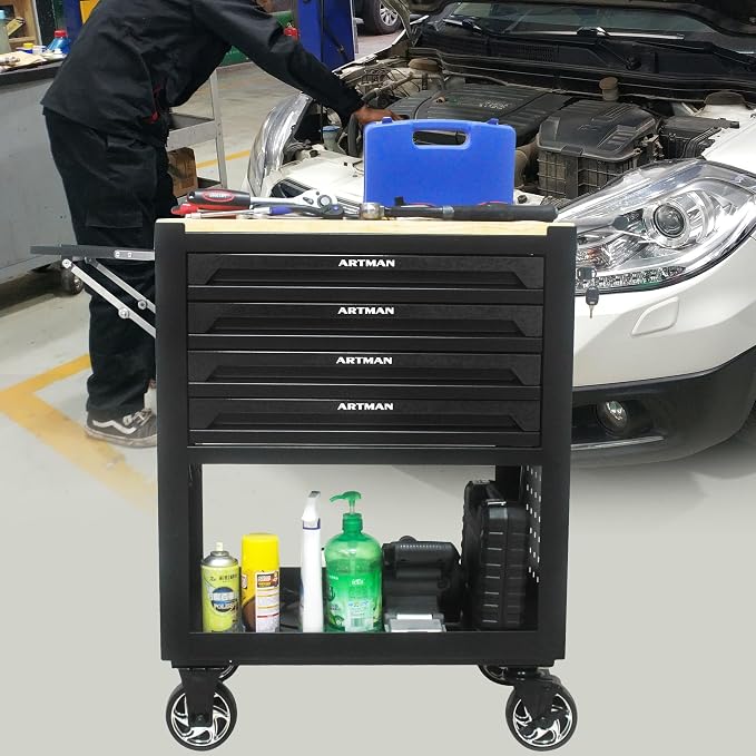36" Tool Box with Wheels 4 Drawers Rolling Tool Cart, Wooden Top Workbench - Image 2