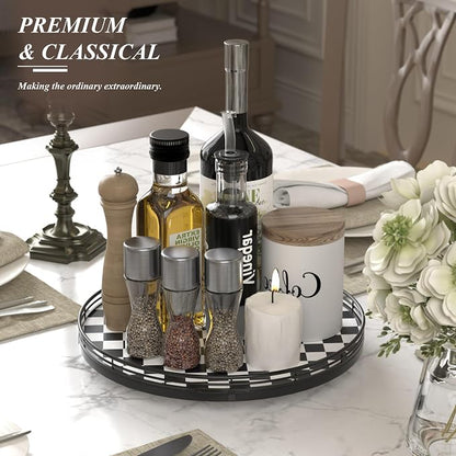 Black and White Kitchen Lazy Susan Turntable – Checkered Round Decorative Tray - Image 2