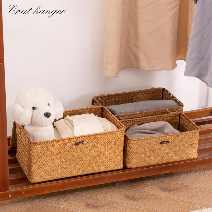 Nonam Storage Basket with Lid, Natural Seagrass Bin with Lid Set of 3, Shelf - Image 7