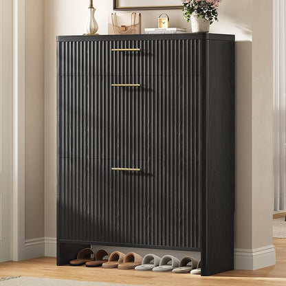Fluted Shoe Storage Cabinet for Entryway, Narrow Wooden Shoe Cabinet by Unknown