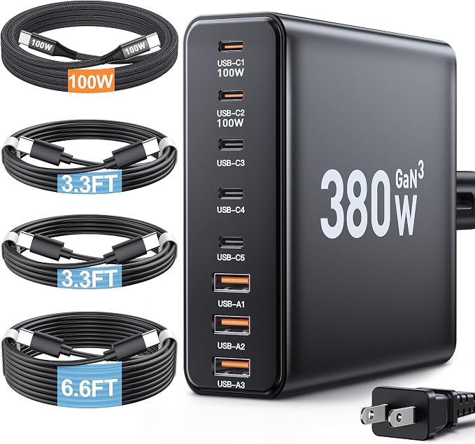 380W USB C Charger Block with 4 USB Cables Dual 100W Charging Station | 8-Port by Ediliow