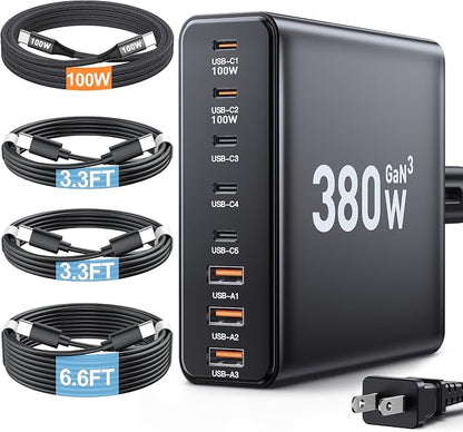 380W USB C Charger Block with 4 USB Cables Dual 100W Charging Station | 8-Port by Ediliow