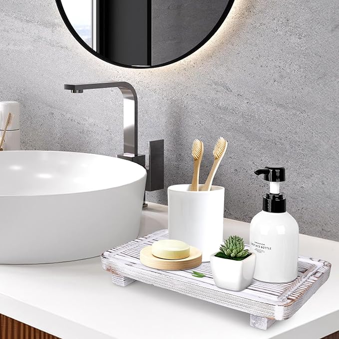 Bathroom Counter Tray Wood Pedestal Stand White Kitchen Countertop Trays - Image 2