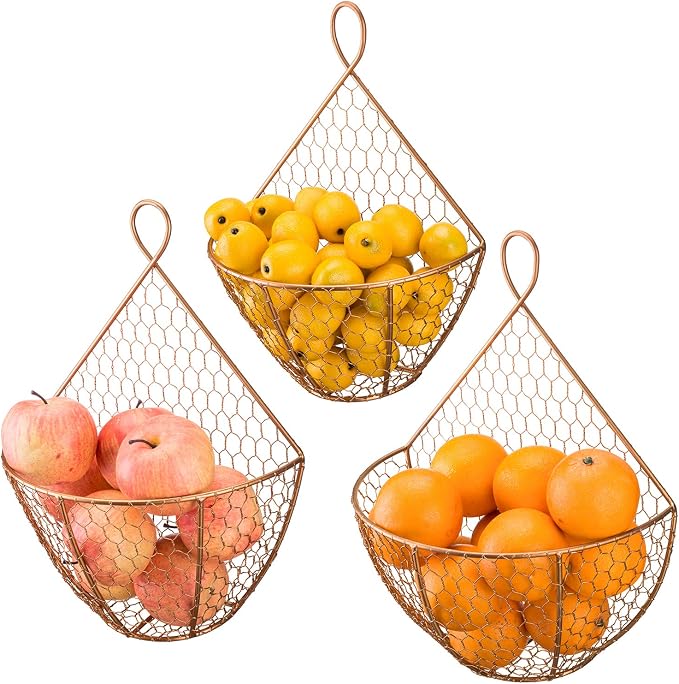 MyGift Set of 3, Farmhouse Copper Metal Wire Mesh Wall Hanging Baskets - Image 7