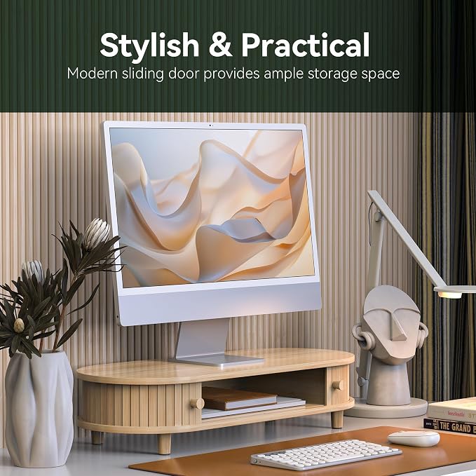 Bamboo Monitor Stand with Storage, Curved Computer Laptop Stand Desk Shelf - Image 2