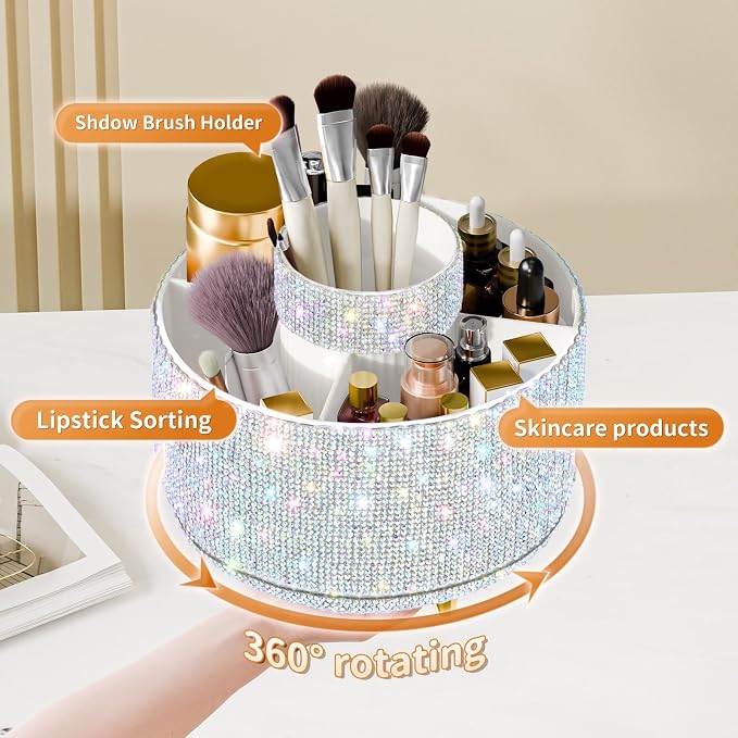 fanado Bling Diamond Makeup Brush Holder, 360° Rotating Makeup Organizer - Image 2